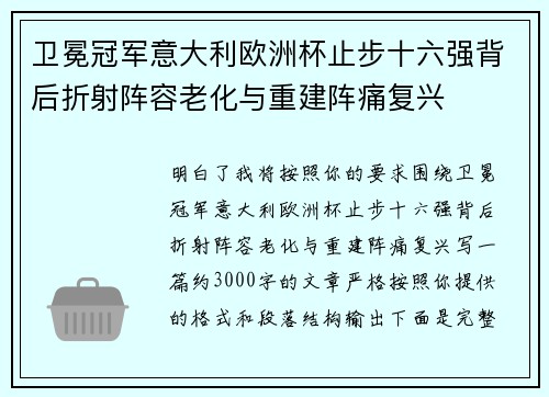 卫冕冠军意大利欧洲杯止步十六强背后折射阵容老化与重建阵痛复兴
